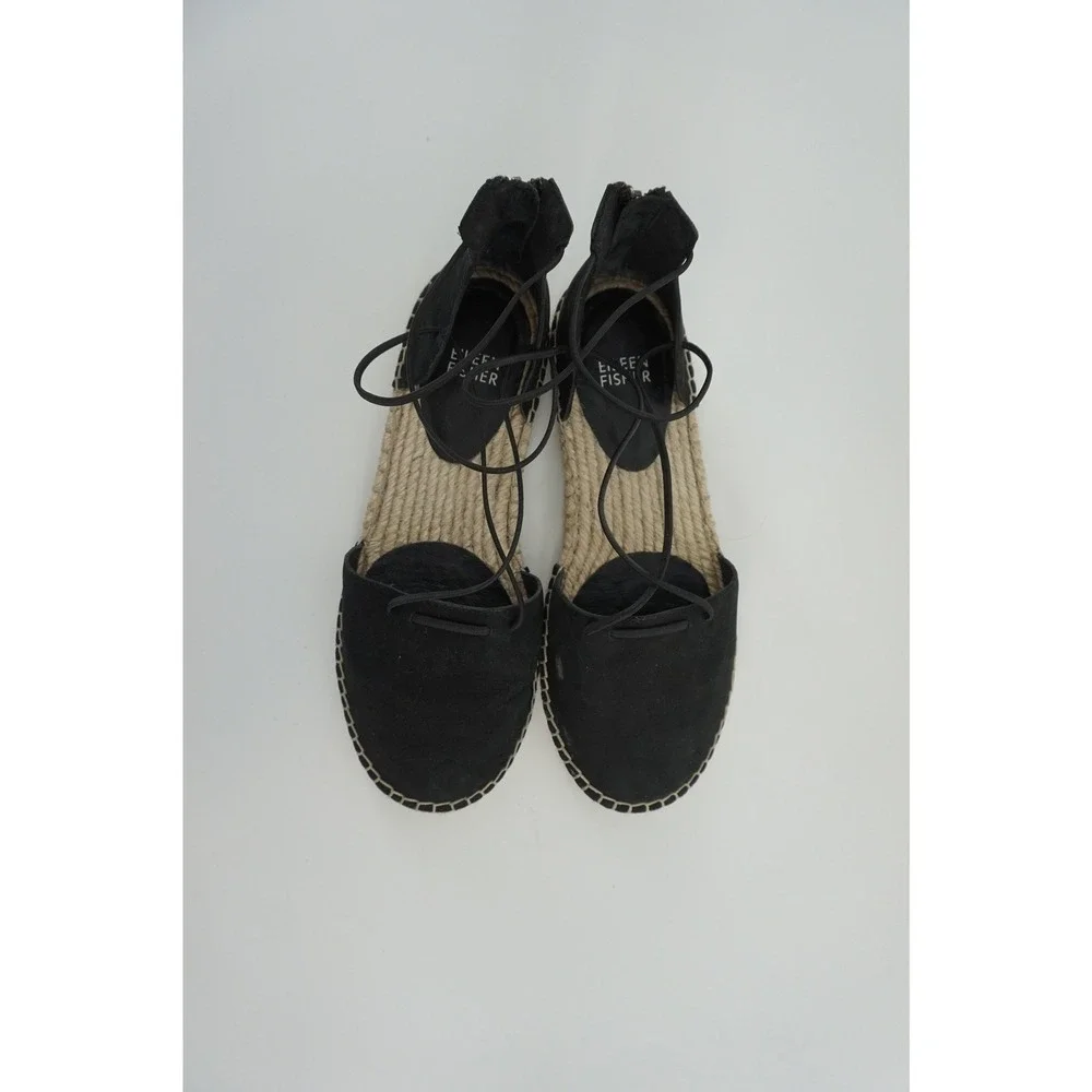 Eileen Fisher Lace Leather Espadrille Flats Minimalist Suede Ankle Tie Black 8.5